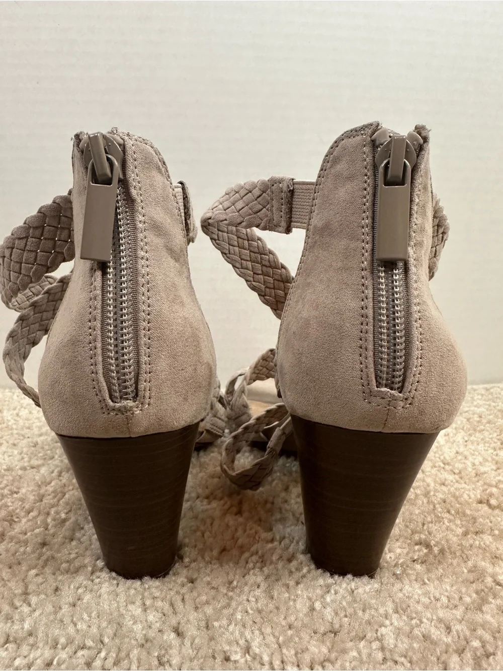 Kaari Blue Taupe Braided Strappy Heeled Sandals, size 8, new without box